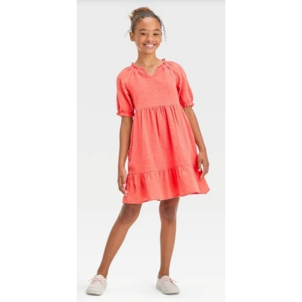 NEW Cat & Jack Girl's Short Sleeve Peach Eyelet Gauze Dress